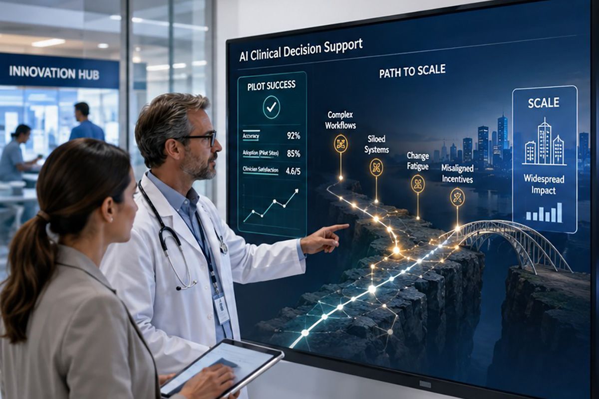 Medical doctor and collegue studying a  digital screen on the wall