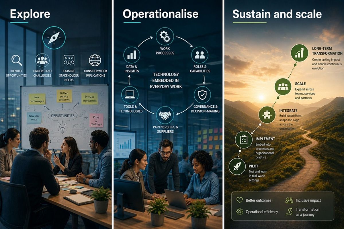 Trio of images titled Explore, Operationalize, and Sustain and Scale. The first two images depict people collaborating in an office setting. The third image shows a winding road through a valley.