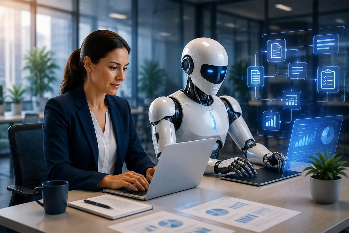 A woman in a business suit collaborates with an humanoid robot while working on a laptop in a modern office setting. 