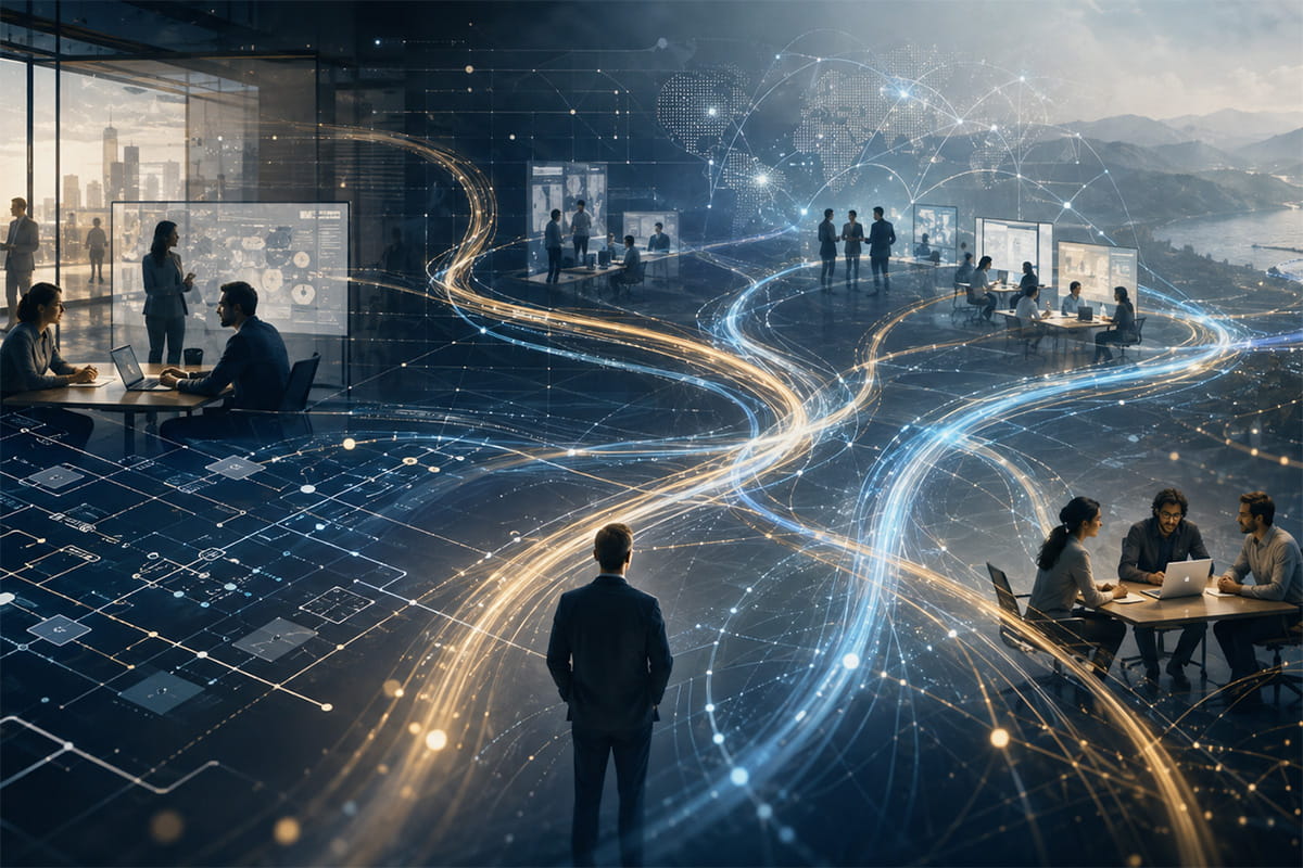 Groups of business professionals connected by glowing lines representing data pathways, illustrating the role of digital transformation in organisations.