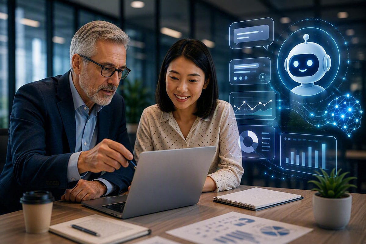 Two colleagues at a desk looking at a laptop, surrounded by holographic AI graphics including a smiling robot, speech bubbles, a digital brain, and data charts.